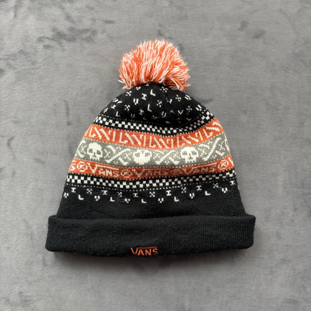 Vans Skulls Crossbones Fair Isle Pom Beanie Hat Black Orange Grey OSFA